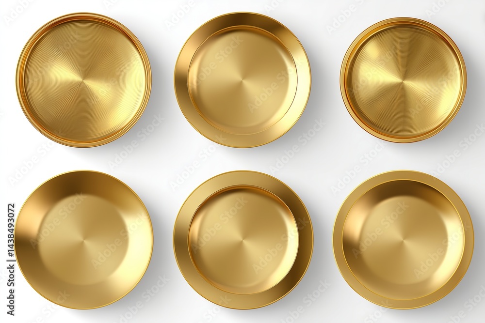 A symmetrical arrangement of six golden plates on a clean, neutral background. A symmetrical arrangement of six golden plates on a clean, neutral background.