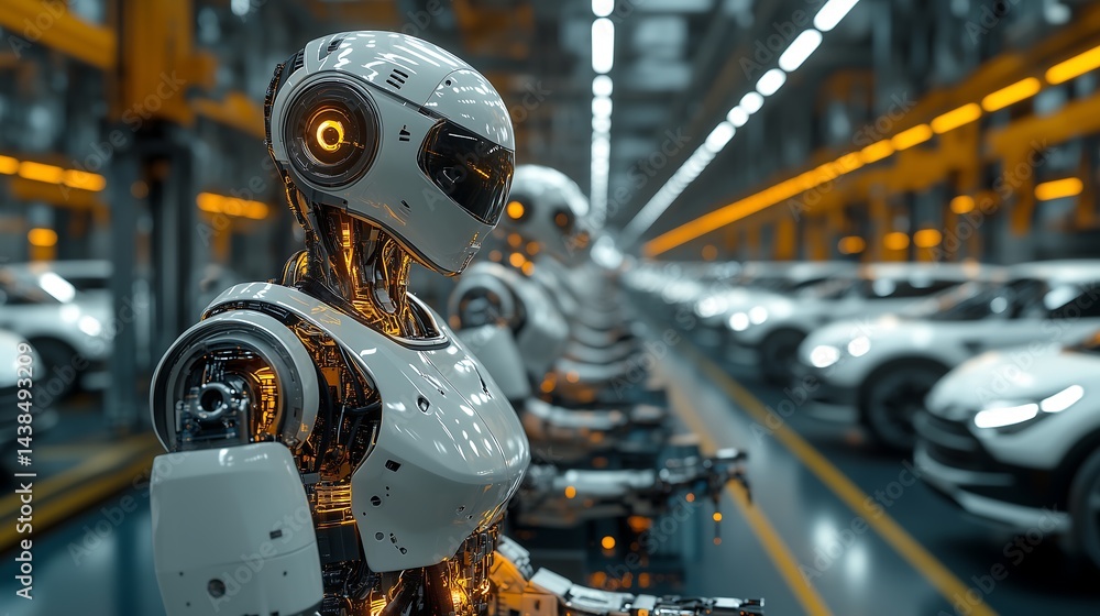 Fototapeta premium Humanoid Robot Working in a Futuristic Car Factory