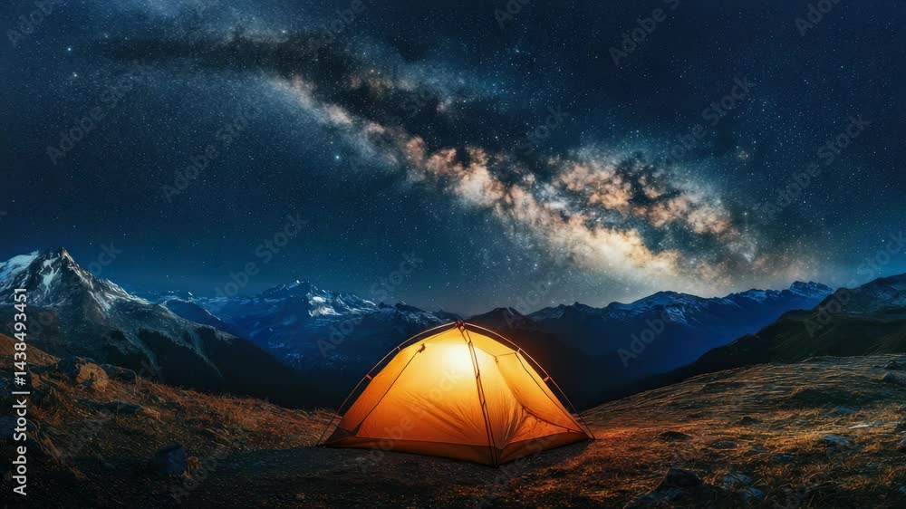 A campsite at a high altitude with stars visible above and mountains in the background, showcasing the beauty of outdoor adventure. A campsite at a high altitude with stars visible above and mountains in the background, showcasing the beauty of outdoor adventure.