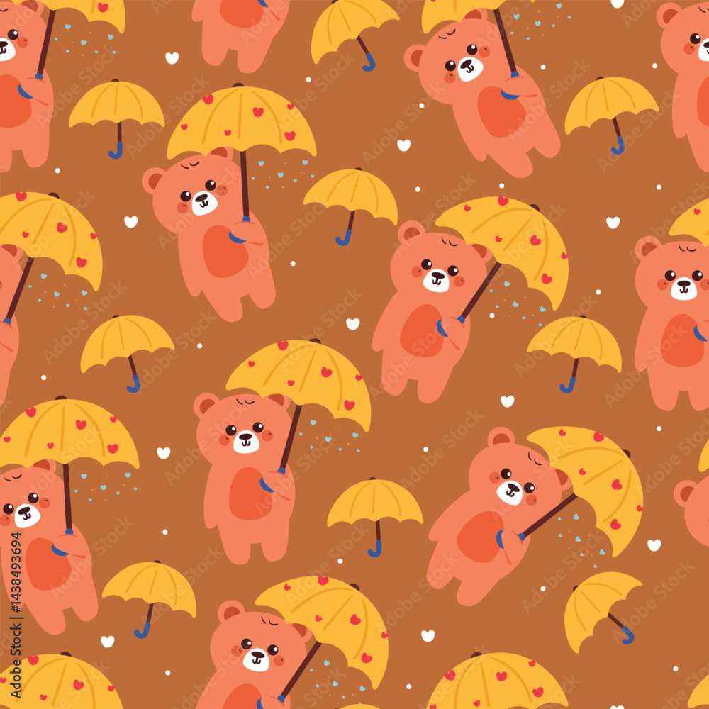Fototapeta premium seamless pattern cute cartoon bear with yellow umbrella and sky element. cute pattern for wallpaper and background