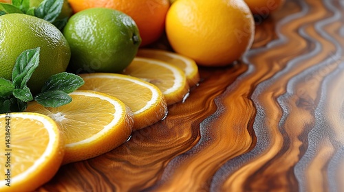 Obraz na płótnie Fresh citrus fruits and slices on a wooden surface w salonie