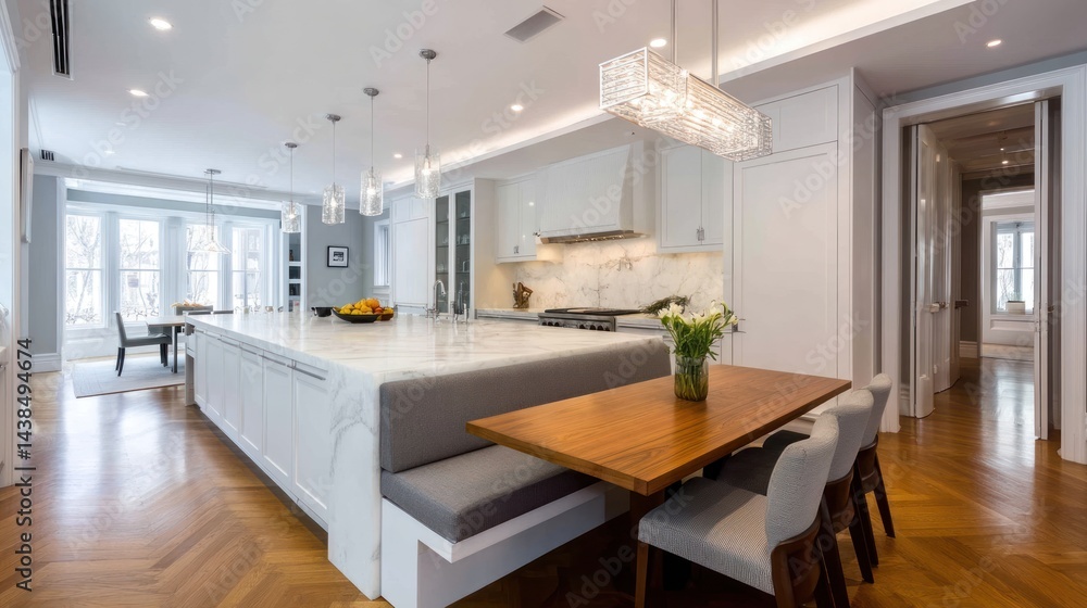 Open-concept kitchen with large island and dining area. Modern design, bright and airy Open-concept kitchen with large island and dining area. Modern design, bright and airy