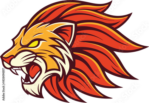 Fierce lion head logo vector silhouette black with vibrant orange and red mane and intense yellow eyes 