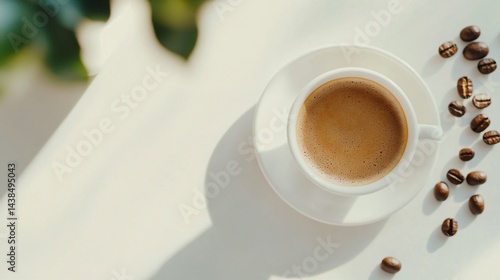 Coffee cup surrounded by coffee beans, warm tones, inviting atmosphere, perfect for cafe-related content or cozy moments.