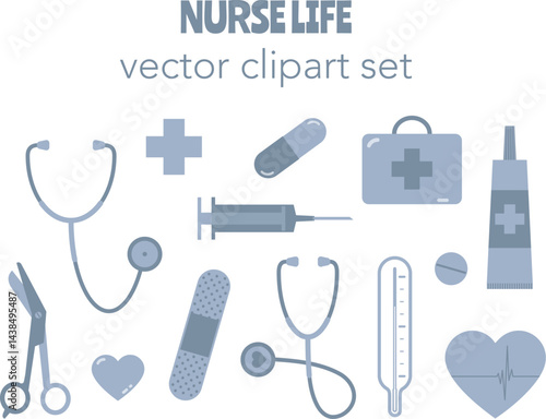 Medical Nurse Icons Vector Clipart Bundle halftone stethoscope thermometer syringe scissors pills