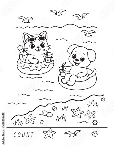 Cute playful cat and dog on a beach vacation, color and count worksheet for preschool kindergarten
