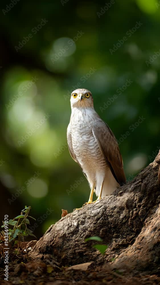 Sharp-shinned Hawk perched on a tree branch looking directly at the viewer in a natural forest setting, sunny day with soft lighting. Sharp-shinned Hawk perched on a tree branch looking directly at the viewer in a natural forest setting, sunny day with soft lighting.