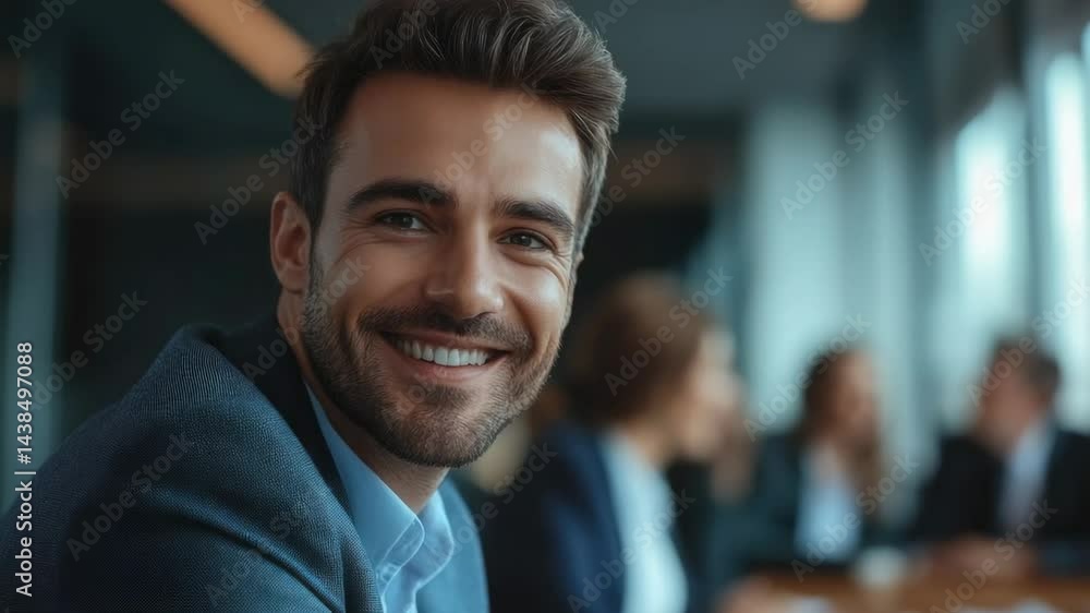Happy young professional in suit and tie, with beard, smiling at colleagues during a business meeting. Happy young professional in suit and tie, with beard, smiling at colleagues during a business meeting.