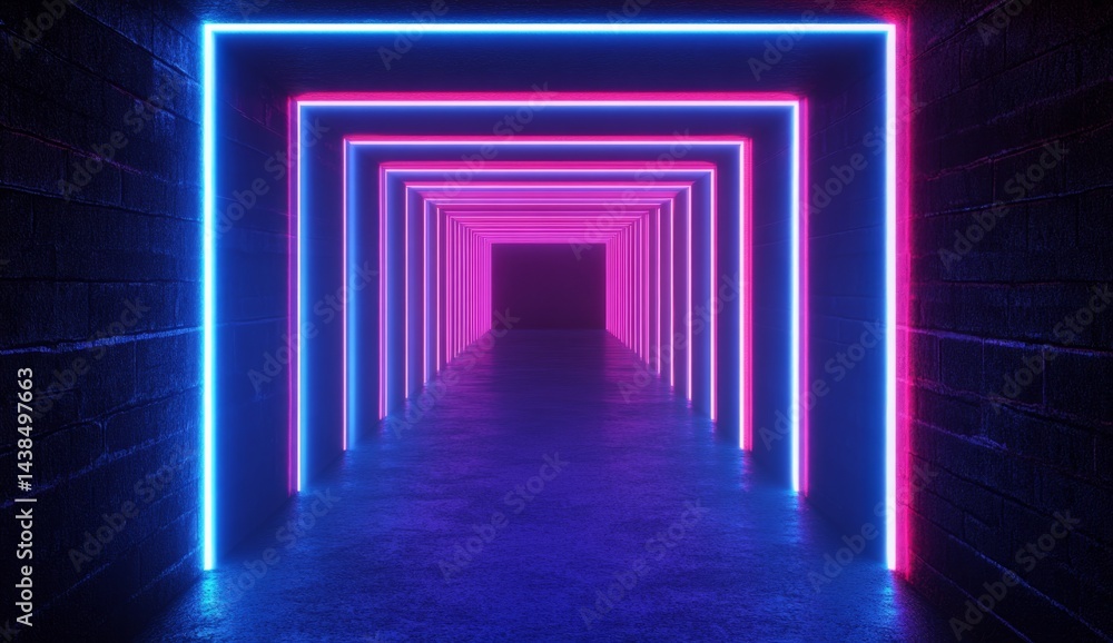 Neon tunnel with glowing rectangular frames Neon tunnel with glowing rectangular frames