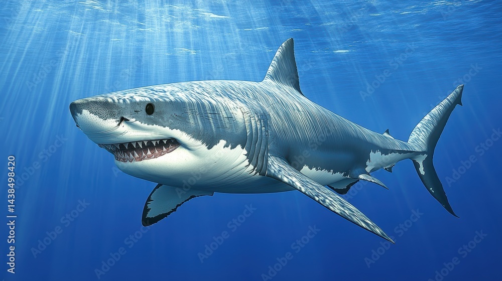 Fototapeta premium A shark cruising through a deep blue ocean with sun rays piercing through