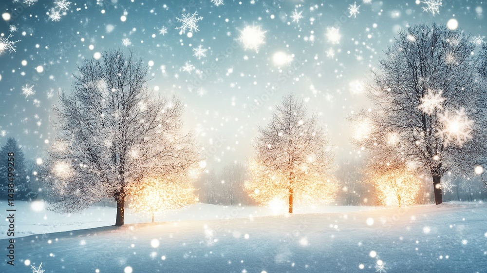 Snowy winter wonderland illuminated by warm lights Snowy winter wonderland illuminated by warm lights