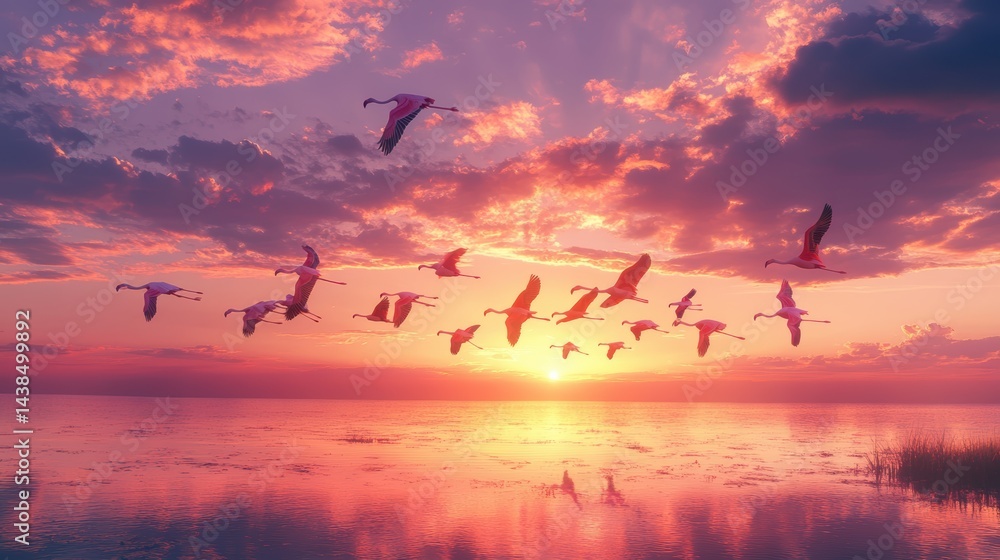 Flamingos in flight across a bright, vibrant sunset sky Flamingos in flight across a bright, vibrant sunset sky
