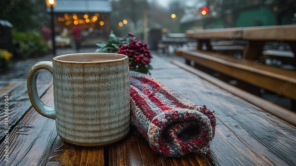 Cozy winter drink on a rustic outdoor table