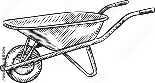 A simple continuous line art illustration of a wheelbarrow in black sketch style on a white background symbolizing agriculture gardening tools and outdoor farm work equipment