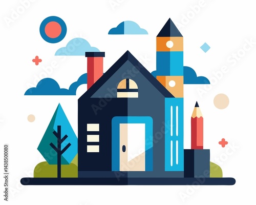 Contemporary Graphic House Art on White Background