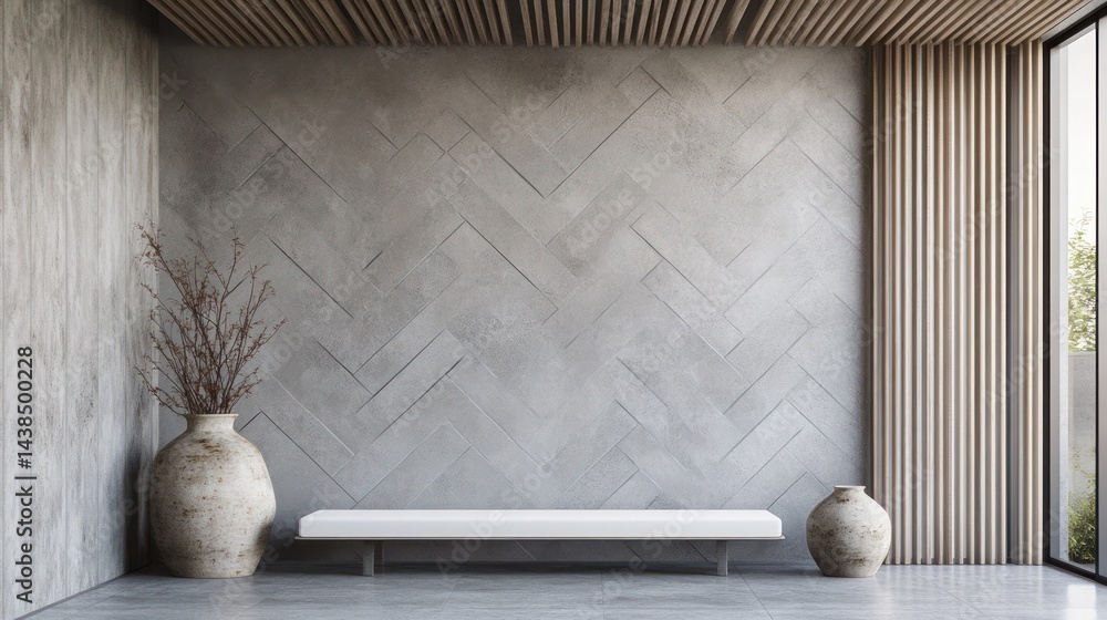 Minimalist entryway with concrete wall, bench, and vases Minimalist entryway with concrete wall, bench, and vases