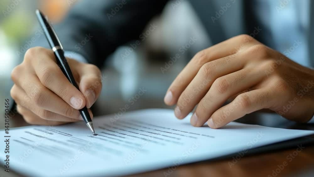 A close-up shot of a person's hands engrossed in the process of signing a legal document with a pen. The scene signifies agreement, deals, and transactions. A close-up shot of a person's hands engrossed in the process of signing a legal document with a pen. The scene signifies agreement, deals, and transactions.