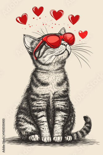 Black and white sketch of a sitting cat in red glasses, surrounded by red hearts.
