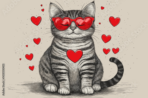 Black and white sketch of a sitting cat in red glasses, surrounded by red hearts.