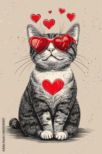 Black and white sketch of a sitting cat in red glasses, surrounded by red hearts.