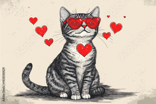 Black and white sketch of a sitting cat in red glasses, surrounded by red hearts.