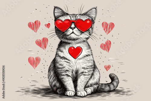 Black and white sketch of a sitting cat in red glasses, surrounded by red hearts.