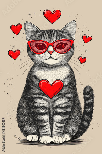 Black and white sketch of a sitting cat in red glasses, surrounded by red hearts.