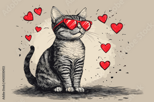 Black and white sketch of a sitting cat in red glasses, surrounded by red hearts.