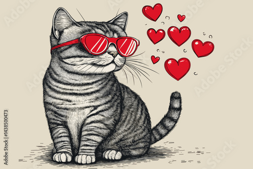 Black and white sketch of a sitting cat in red glasses, surrounded by red hearts.