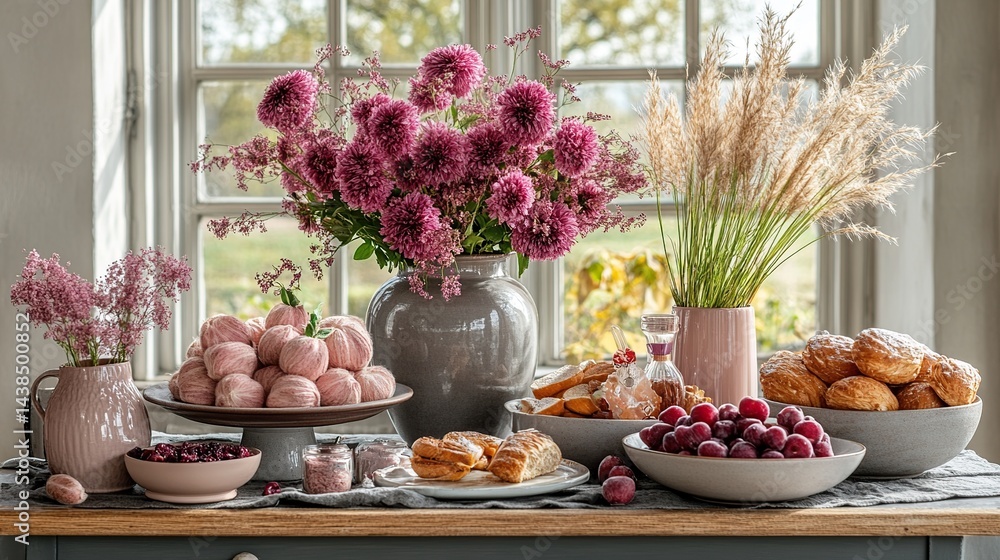 Autumnal table setting with delicate treats and flowers. A beautiful display of pink and mauve ceramic pieces, arranged with pastries, candies, and flowers Autumnal table setting with delicate treats and flowers. A beautiful display of pink and mauve ceramic pieces, arranged with pastries, candies, and flowers