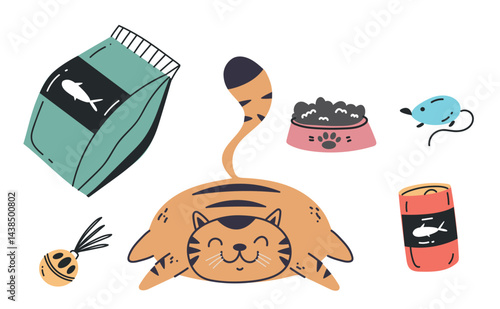Cat with pet cats tools stuff isolated set. Flat line art illustration