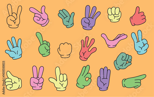 Colorful cartoon retro style character arms hands with different gestures. Flat graphic design cartoon illustration