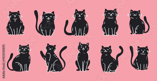 Simple flat line art outline style cats isolated set. Graphic design illustration