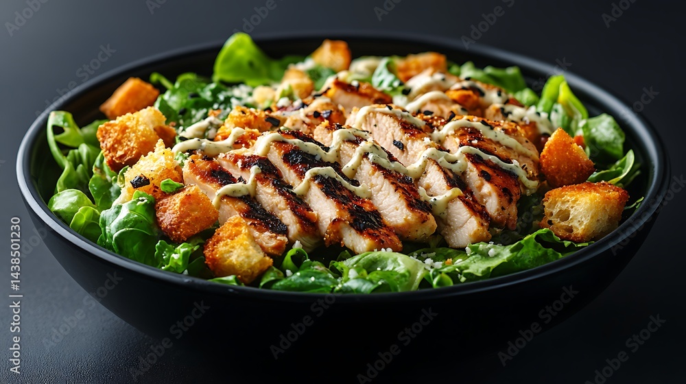 **Grilled Chicken Caesar Salad With Crunchy Romaine Lettuce, Croutons, And Parmesan Flakes, Drizzled With Creamy Caesar Dressing, Styled For Healthy Food Café Or Salad Delivery Menu --Ar 16:9 --S 270* **Grilled Chicken Caesar Salad With Crunchy Romaine Lettuce, Croutons, And Parmesan Flakes, Drizzled With Creamy Caesar Dressing, Styled For Healthy Food Café Or Salad Delivery Menu --Ar 16:9 --S 270*