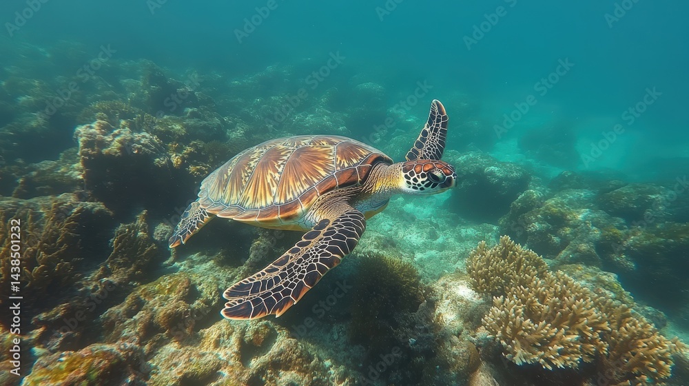 Obraz premium A giant turtle swimming gracefully in the open sea surrounded by coral reefs