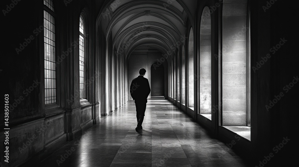 Solitary figure in long, arched hallway Solitary figure in long, arched hallway