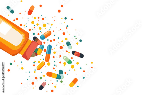 Bright, illustrated scene of scattered colorful pills.