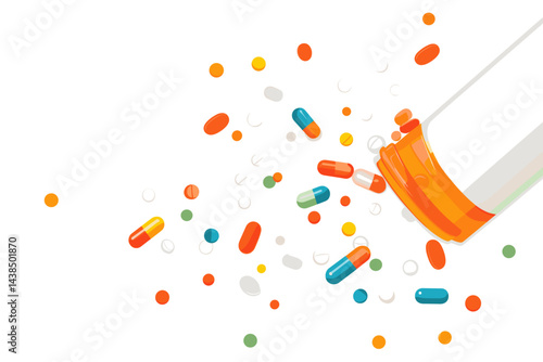 Bright, illustrated scene of scattered colorful pills.