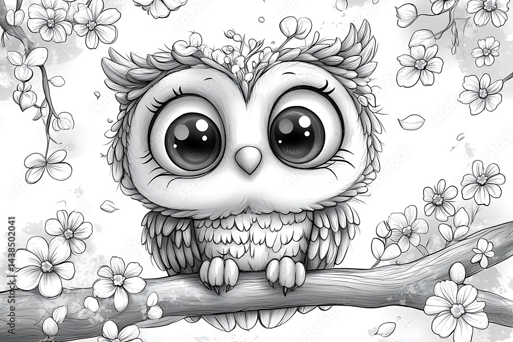 Fototapeta premium Adorable cartoon owl perched on a blossoming branch
