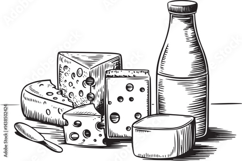 A black linear sketch of assorted dairy products including cheese wheel milk bottle butter block and sour cream container isolated on white background in minimalist line art style
