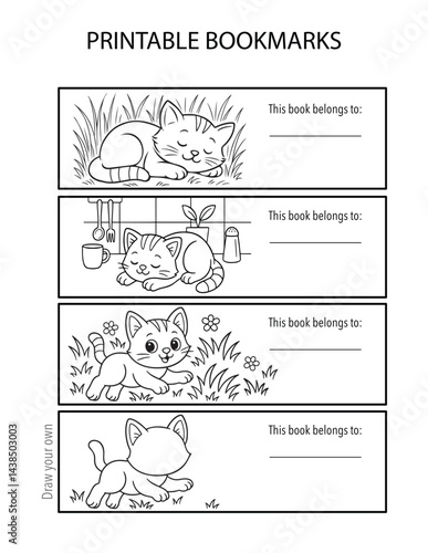 Cute vector printable bookmark bundle, playful cats kittens, elementary school kids, classroom task