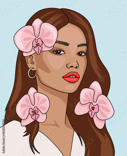 Beautiful Woman with Red Lips and Long Brown Hair Adorned with Pink Orchids Vector Illustration	