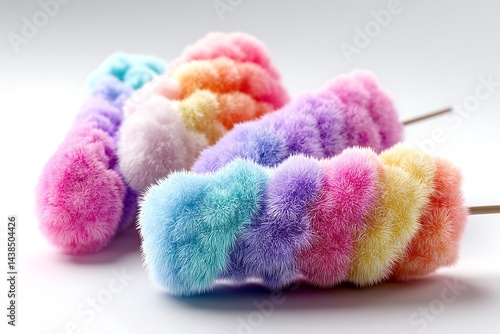 A set of fluffy pastel rainbow cotton candy sticks, isolated on a diffrent collers or white background, offering a colorful, sugary treat.
