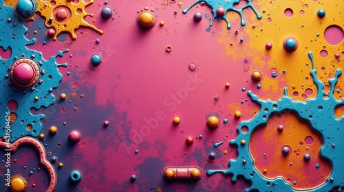 Colorful Abstract Design with Vivid Splashes and Spheres Over a Bright, Gradient Background