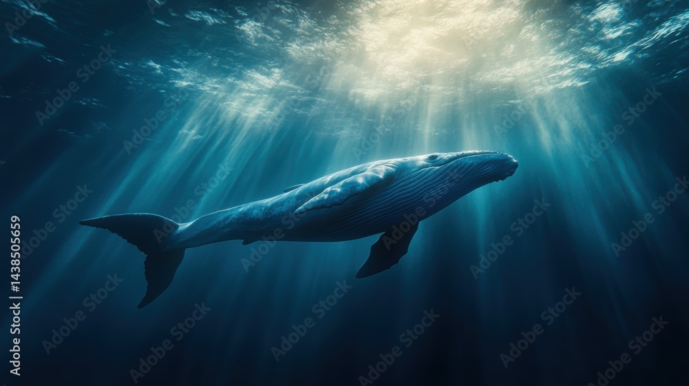 Fototapeta premium A blue whale gliding through deep ocean waters with sunlight filtering through