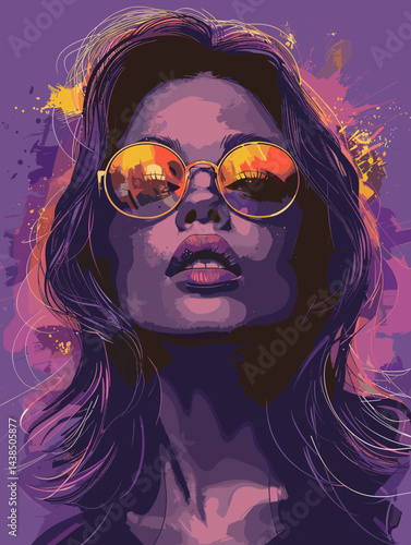 Woman with purple hair and sunglasses is the main subject of the image