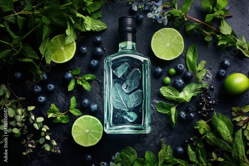 Refreshing botanical gin ingredients arranged in a dark setting