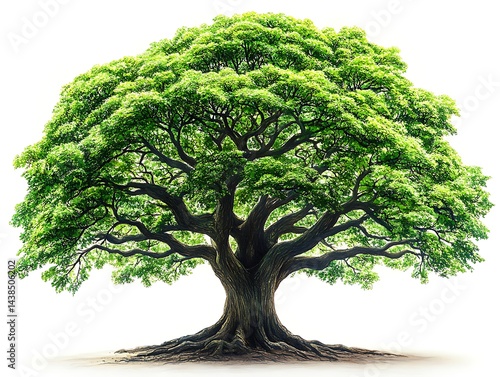 Lush, large tree with sprawling branches and exposed roots against a white background