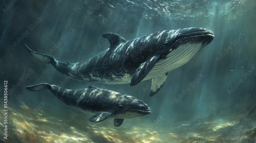 Fototapeta premium A baby whale swimming alongside its mother in the calm ocean