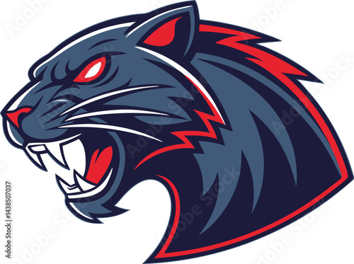 Fierce panther mascot with aggressive snarling feline and stylized sports logo in dark blue and red color with sharp teeth bared and glowing red eyes in sleek vector illustration